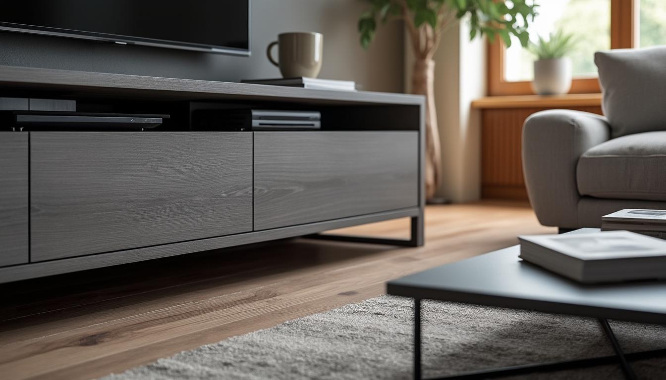 découvrez le meuble tv kikoa de 130 cm en gris cendré, alliant élégance et fonctionnalité. ce mobilier moderne apporte une touche tendance à votre intérieur tout en offrant de nombreux avantages, tels que son design compact et son espace de rangement optimisé. ne manquez pas l'opportunité d'embellir votre salon avec ce meuble incontournable !