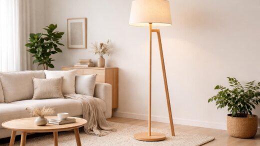 découvrez notre lampadaire sur pied en bois, l'éclairage naturel idéal pour sublimer un salon au style scandinave, alliant design épuré et chaleur du matériau.