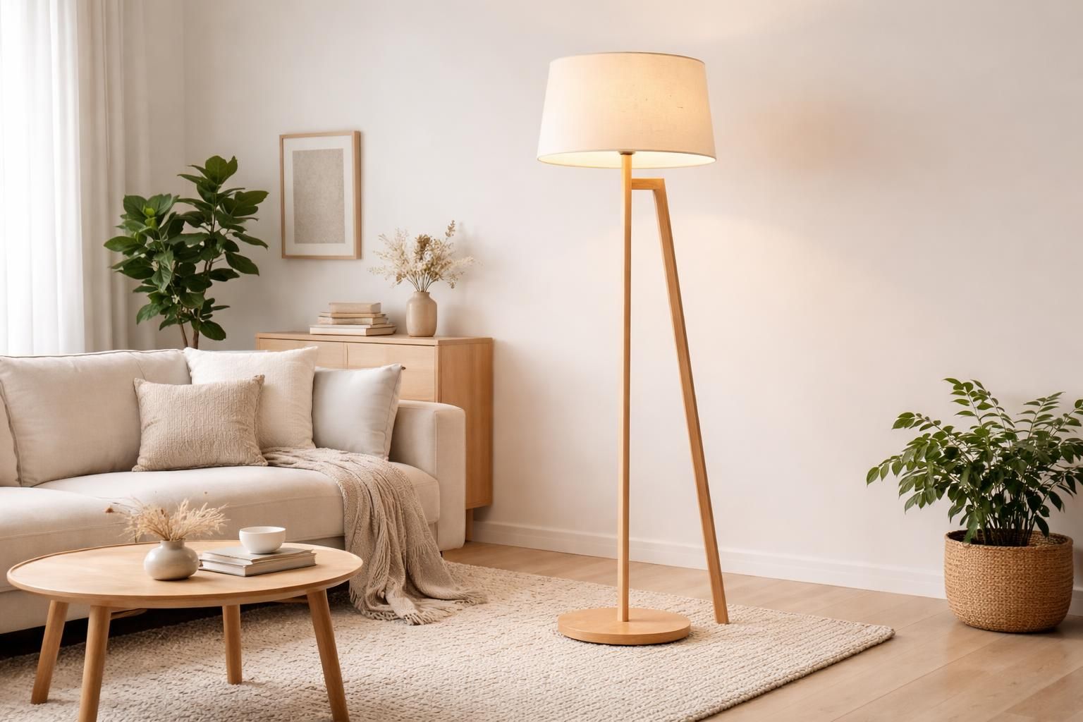 découvrez notre lampadaire sur pied en bois, l'éclairage naturel idéal pour sublimer un salon au style scandinave, alliant design épuré et chaleur du matériau.