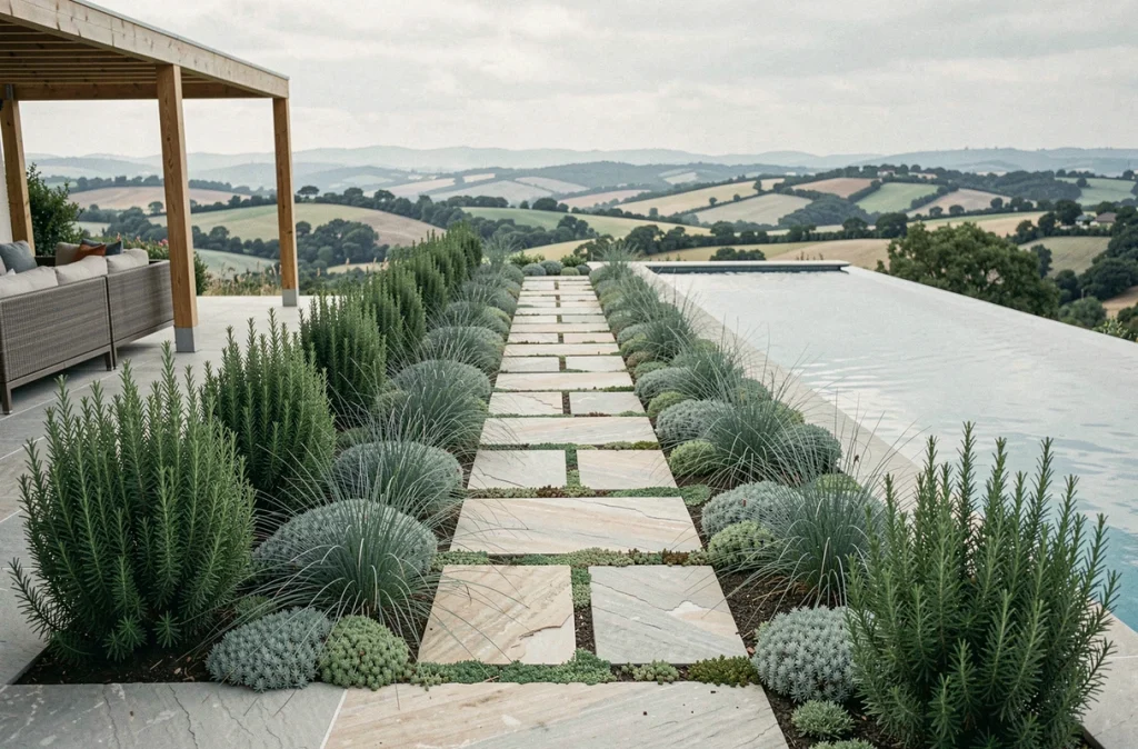 Terrasse de piscine à débordement bordée de topiaires de romarin, fétuque bleue et sedum entre des dalles en calcaire, avec vue panoramique sur la campagne
