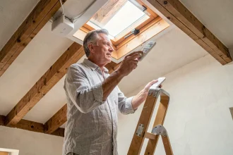 Homme appuyant sur les boutons d'une télécommande Velux près d'un moteur de fenêtre de toit pour résoudre un problème d'appairage