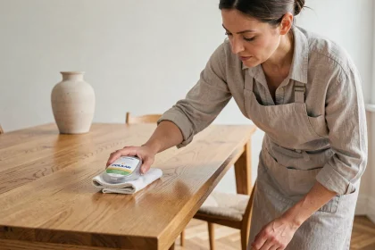 Femme appliquant le nettoyant POLILAR sur une table en chêne massif avec un chiffon microfibre dans une salle à manger scandinave