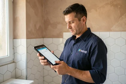 Artisan plombier montpelliérain consultant une liste de critères de sélection sur une tablette dans une salle de bain rénovée