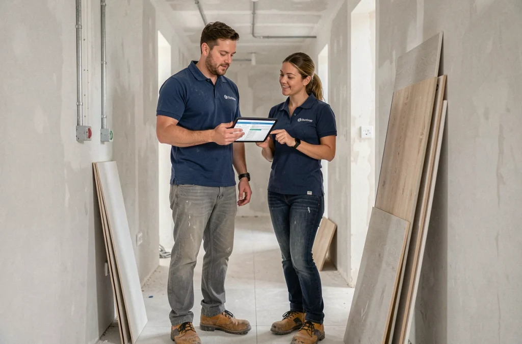 Deux artisans coordinateurs consultant un planning de projet sur tablette dans un couloir en cours de rénovation
