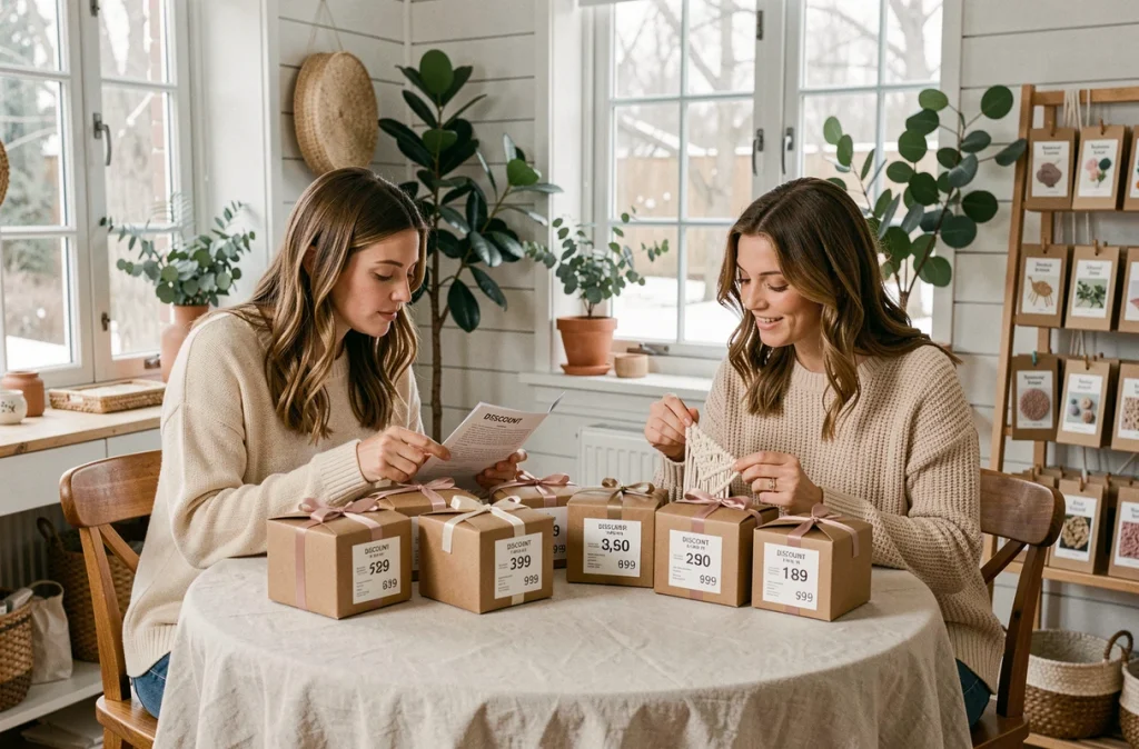 Deux femmes comparant des kits DIY hygge en promotion dans un atelier créatif cosy avec des offres spéciales présentées sur une table en lin