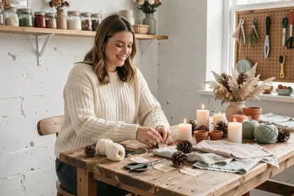 Femme préparant des décorations DIY hygge sur une table en bois rustique avec des matériaux artisanaux et des étiquettes de prix pour des ateliers créatifs 2026