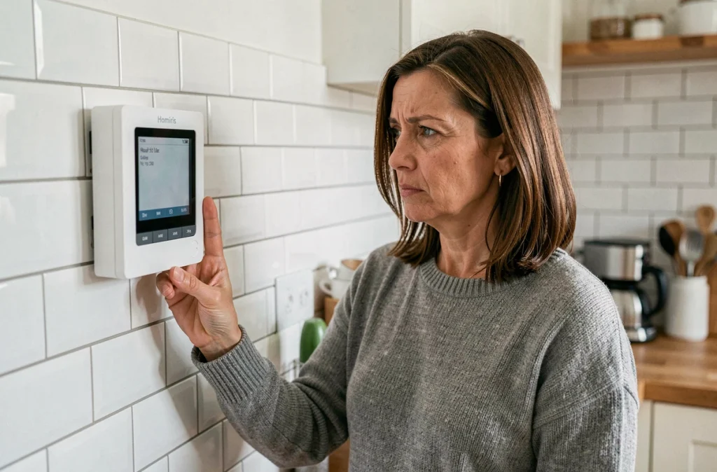 Femme consultant le panneau de contrôle de son alarme Homiris dans sa cuisine