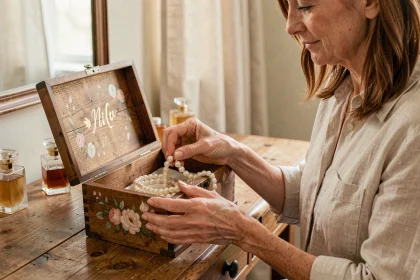 Femme déposant un collier de perles dans une boîte à bijoux vintage personnalisée en bois avec motifs floraux peints à la main