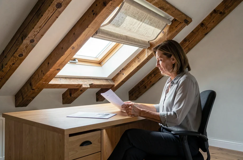Femme travaillant dans un bureau sous toit avec fenêtre de toit Velux optimisant la lumière naturelle zénithale, home office lumineux en combles aménagés