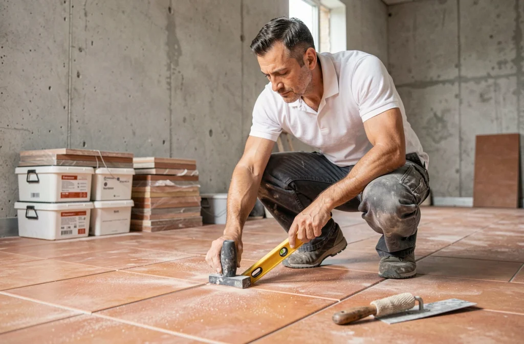 Carreleur professionnel posant des carreaux en terre cuite dans un appartement en rénovation à Montpellier, démontrant son savoir-faire artisanal