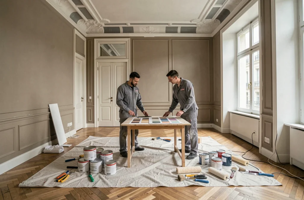 Vue large d'un chantier de peinture professionnelle dans un appartement haussmannien avec deux peintres consultant un nuancier de couleurs