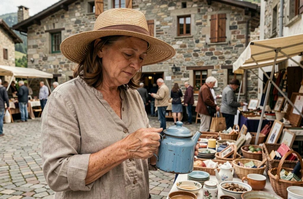 Femme inspectant un objet chiné sur un vide grenier de village au bord du lac d'Annecy