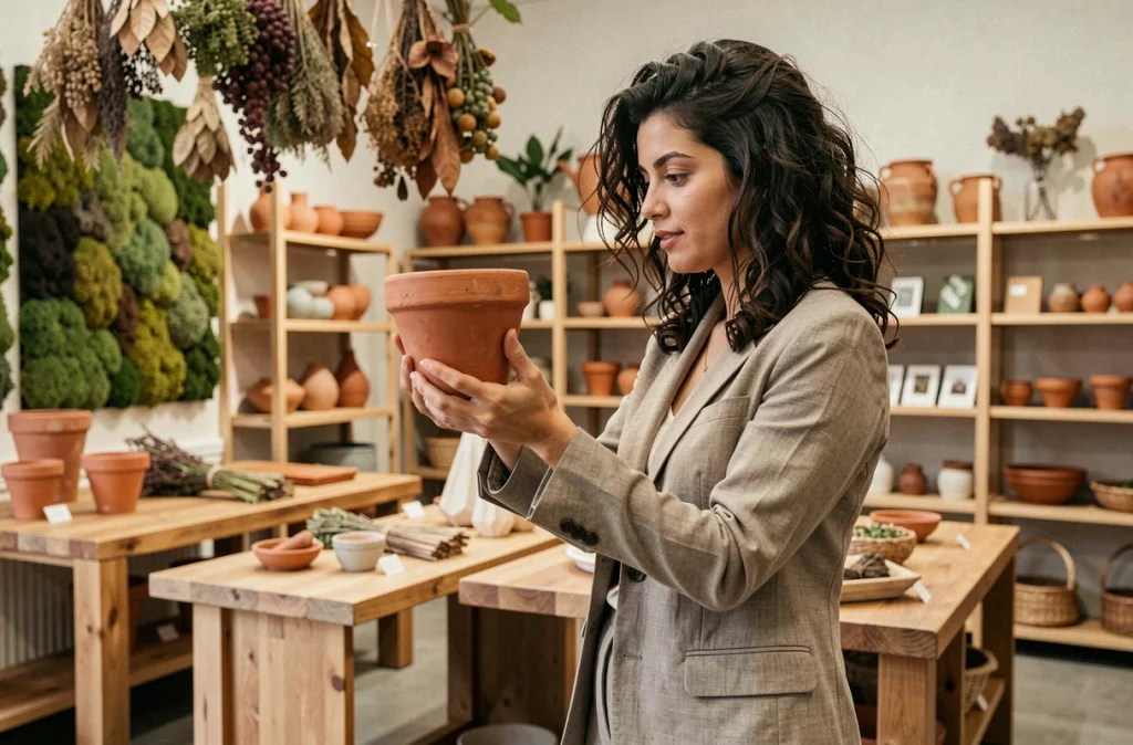 Cliente inspectant une poterie artisanale dans un magasin de décoration lyonnais aux tendances biophiliques 2026