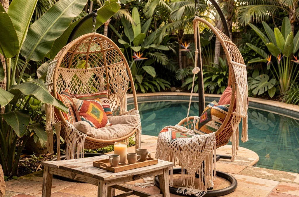 Coin détente bohème au bord d'une piscine avec fauteuil suspendu en rotin et coussins colorés dans un jardin tropical