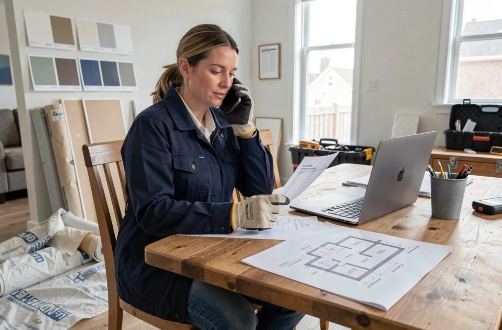 Femme coordinatrice de travaux de rénovation consultant des devis et plans sur une table de chantier à domicile