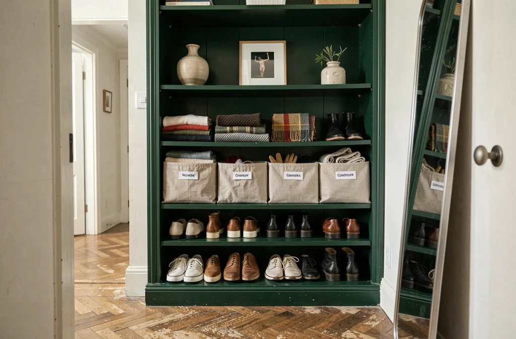 Couloir d'appartement avec bibliothèque intégrée verte utilisée comme rangement chaussures et accessoires