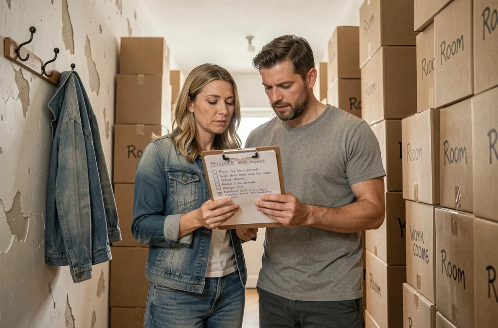 Couple vérifiant une liste de contrôle entouré de cartons de déménagement bien organisés dans un couloir d'appartement