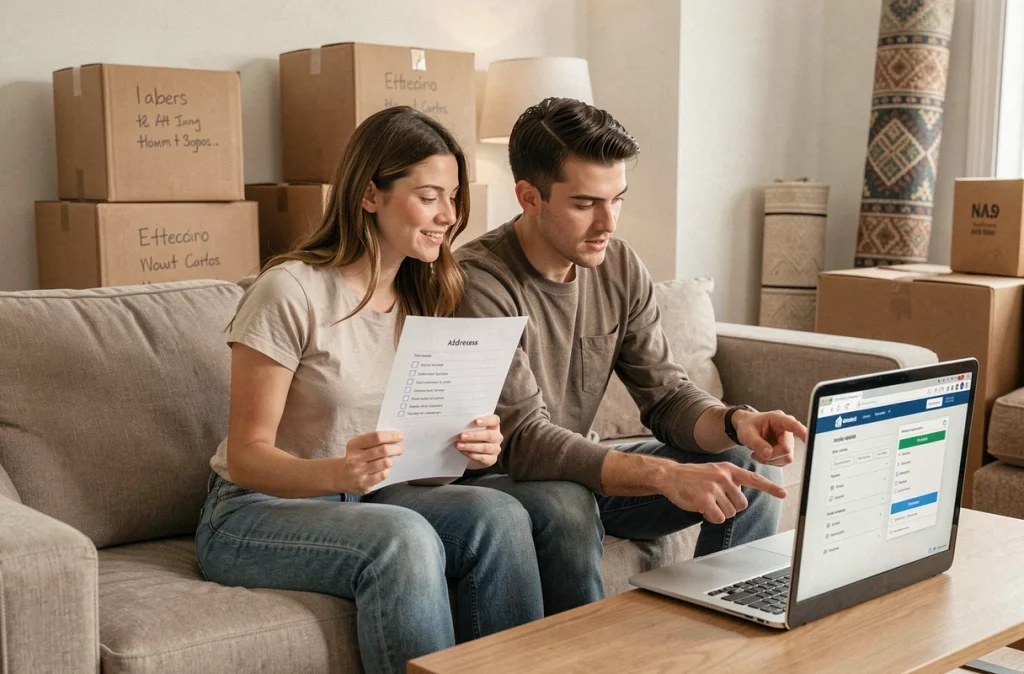 Couple planifiant les démarches administratives de leur déménagement entouré de cartons dans leur salon