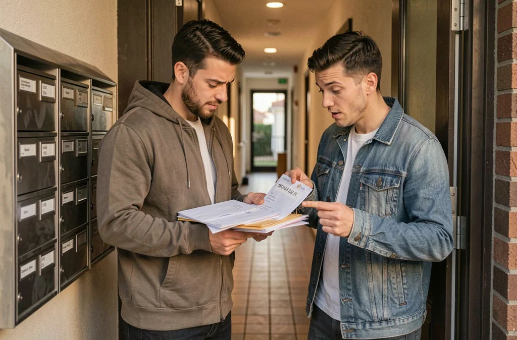 Couple triant leur courrier réexpédié devant l'entrée de leur nouveau domicile après un déménagement