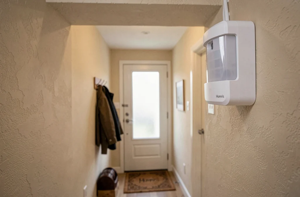 Détecteur de mouvement Homiris installé dans le couloir d'entrée d'une maison individuelle