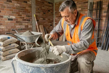 Ouvrier mesurant le dosage de ciment pour préparer une chape mortier sur un chantier de construction
