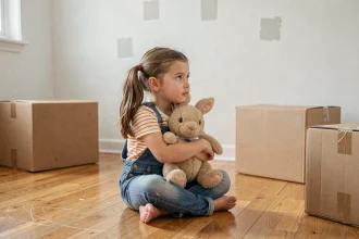 Petite fille assise parmi des cartons de déménagement serrant son doudou dans une maison vide