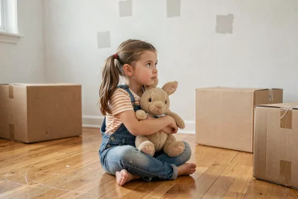 Petite fille assise parmi des cartons de déménagement serrant son doudou dans une maison vide