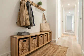 Entrée maison organisée avec banc en bois, rangements intégrés, crochets muraux et panier en osier