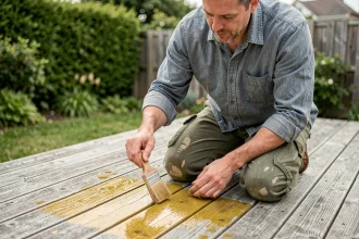 Homme appliquant une huile protectrice sur une terrasse en bois teck avec un pinceau large au printemps