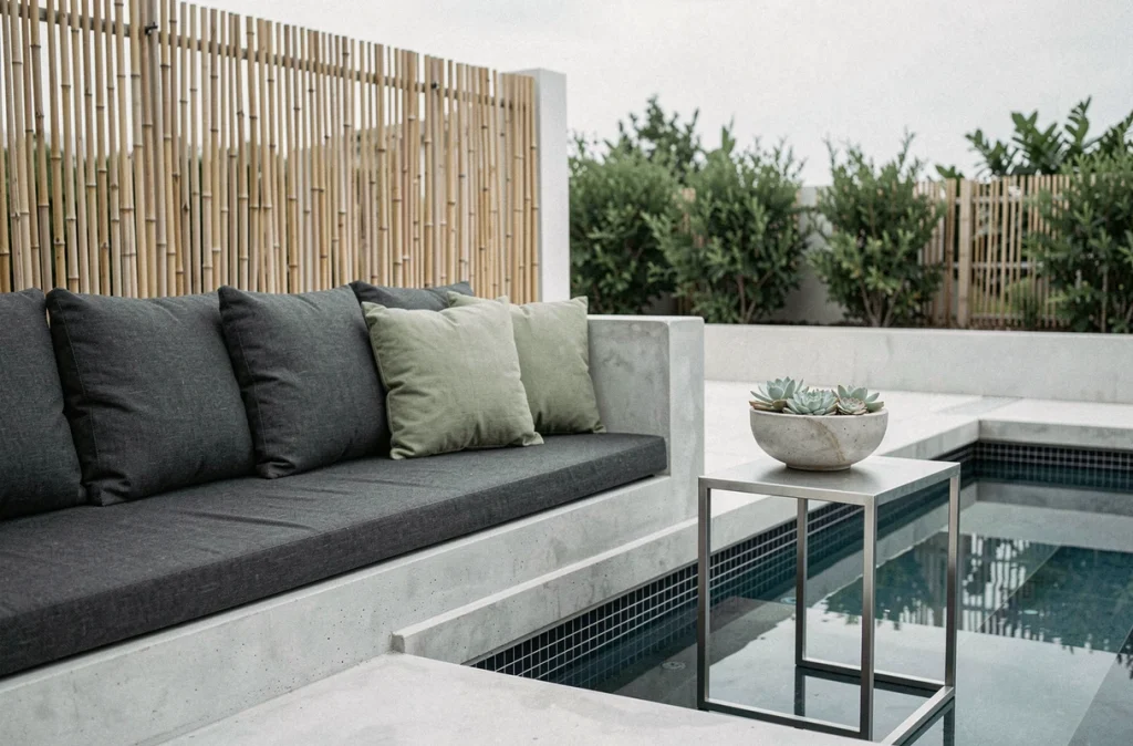 Espace lounge minimaliste autour d'une piscine moderne avec banquette en béton et coussins gris anthracite