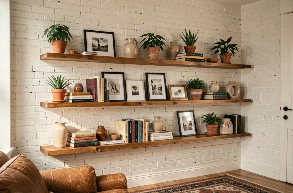 Étagères murales en bois décorées de livres et plantes dans un salon style loft