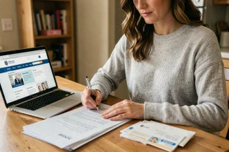 Femme remplissant des formulaires administratifs pour un changement d'adresse à son bureau à domicile