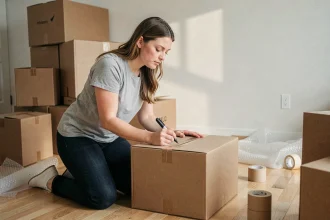 Femme qui étiquette des cartons de déménagement dans un salon à moitié vidé