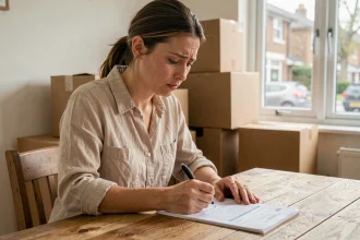 Femme remplissant un formulaire de réexpédition de courrier entourée de cartons de déménagement