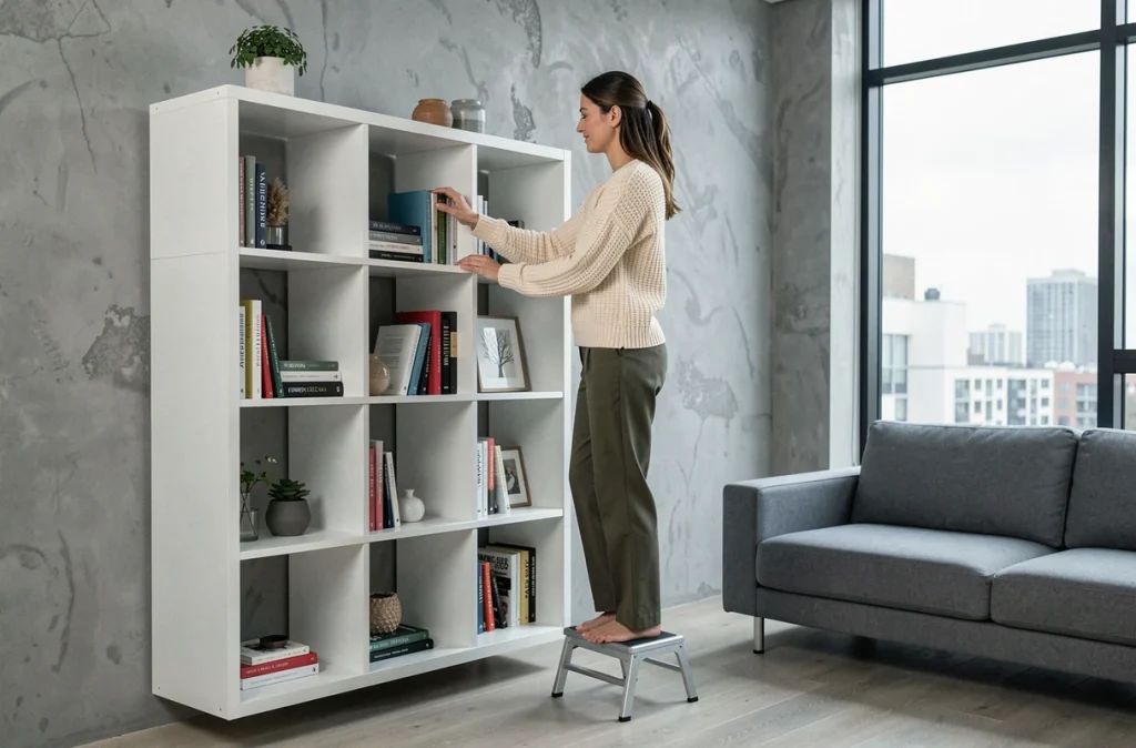 Femme arrangeant des objets décoratifs sur une étagère murale modulaire blanche dans un salon contemporain