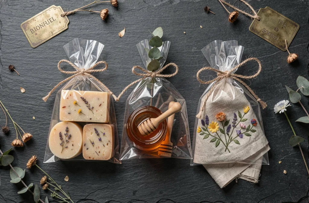 Flat lay de trois sacs cadeaux transparents remplis de produits artisanaux comme des savons, du miel et du linge brodé sur ardoise