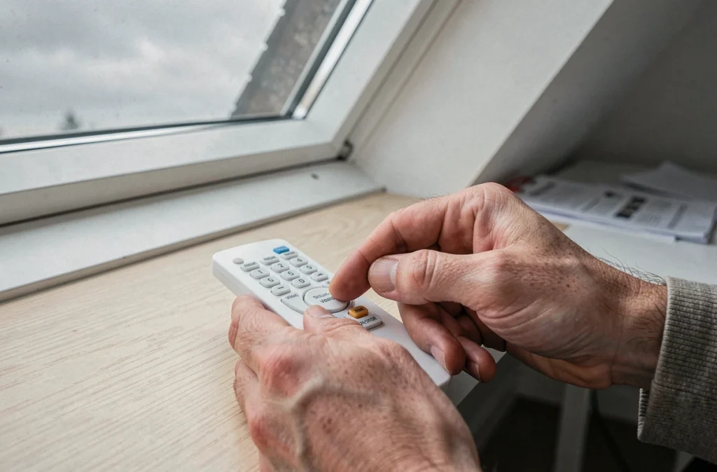 Gros plan sur une télécommande Velux tenue en main lors d'une tentative d'appairage au niveau d'une fenêtre de toit