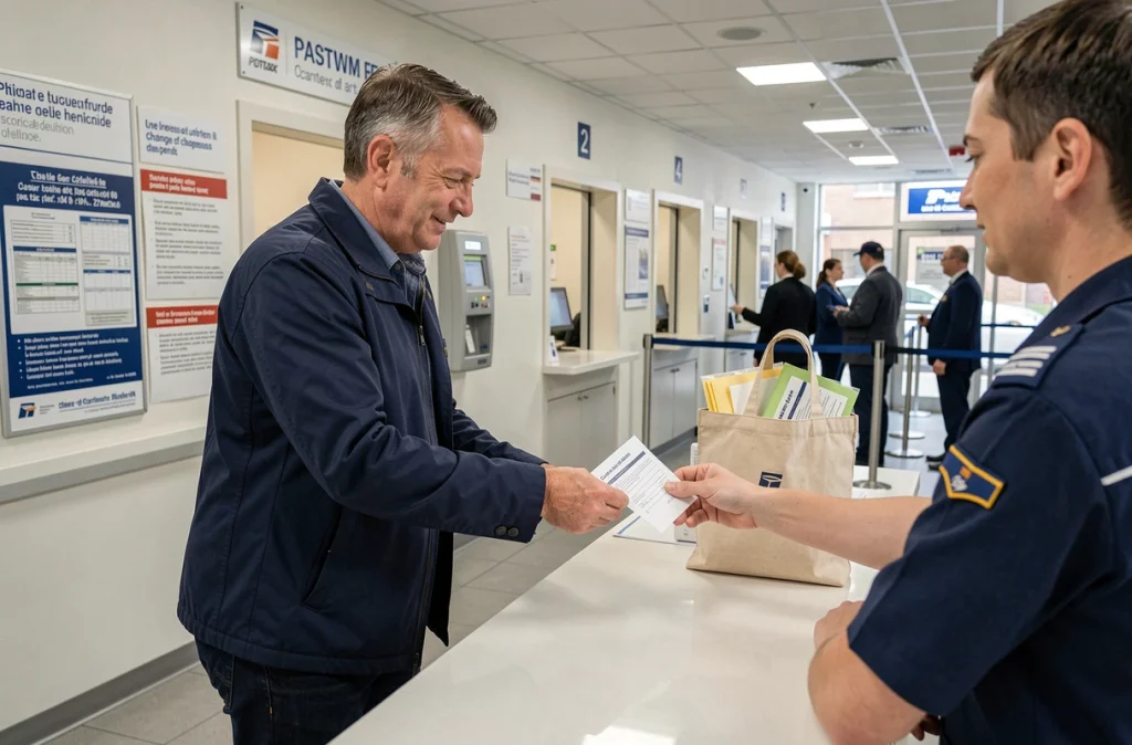 Homme déposant un formulaire de changement d'adresse au guichet d'un bureau de poste