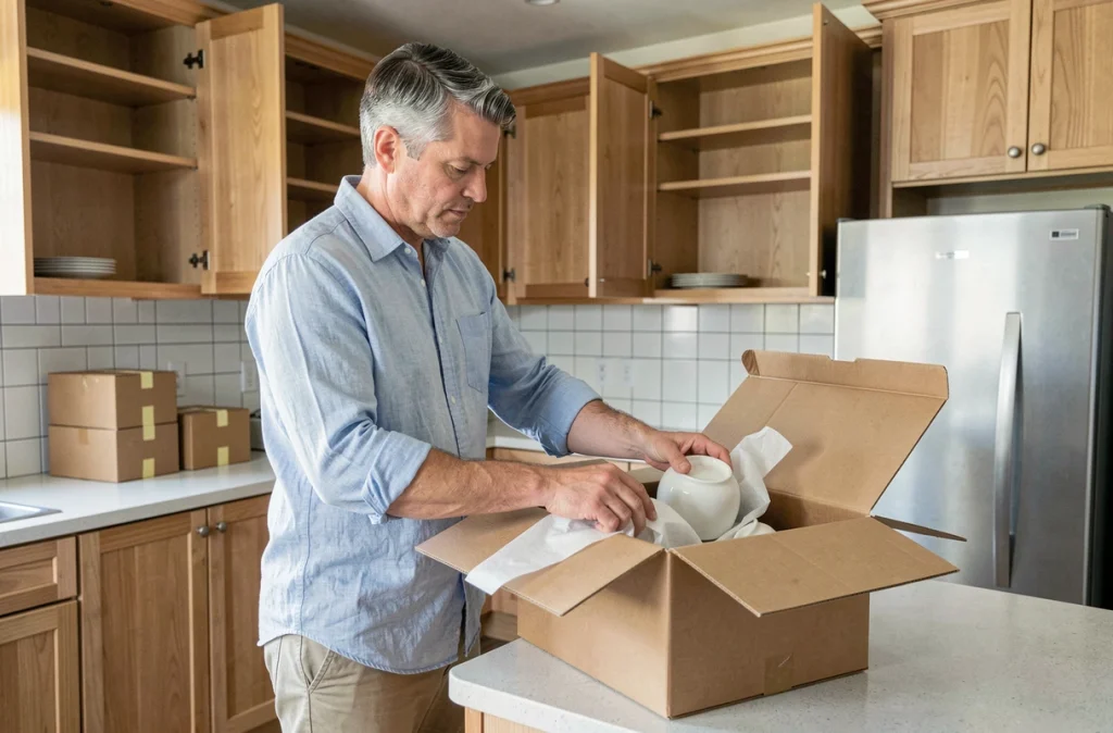 Homme emballant de la vaisselle dans du papier bulle pour préparer des cartons de cuisine avant un déménagement
