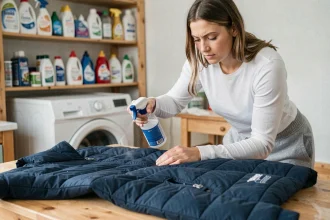 Femme appliquant un imperméabilisant en spray sur une doudoune bleue posée sur un établi en bois