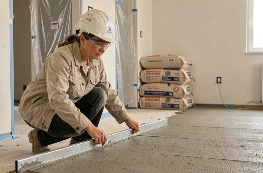 Professionnelle du bâtiment inspectant la planéité d'une chape mortier avec une règle de maçon lors d'un chantier de rénovation