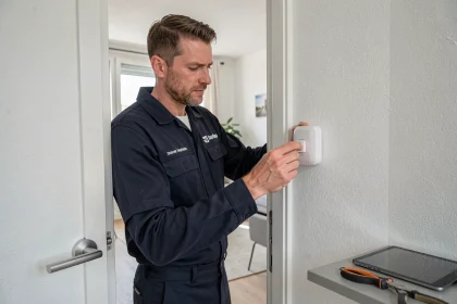 Technicien installant un capteur d'alarme Homiris sur un encadrement de porte dans un appartement moderne