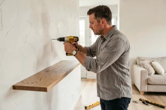 Homme installant une étagère murale flottante en bois dans un salon scandinave moderne