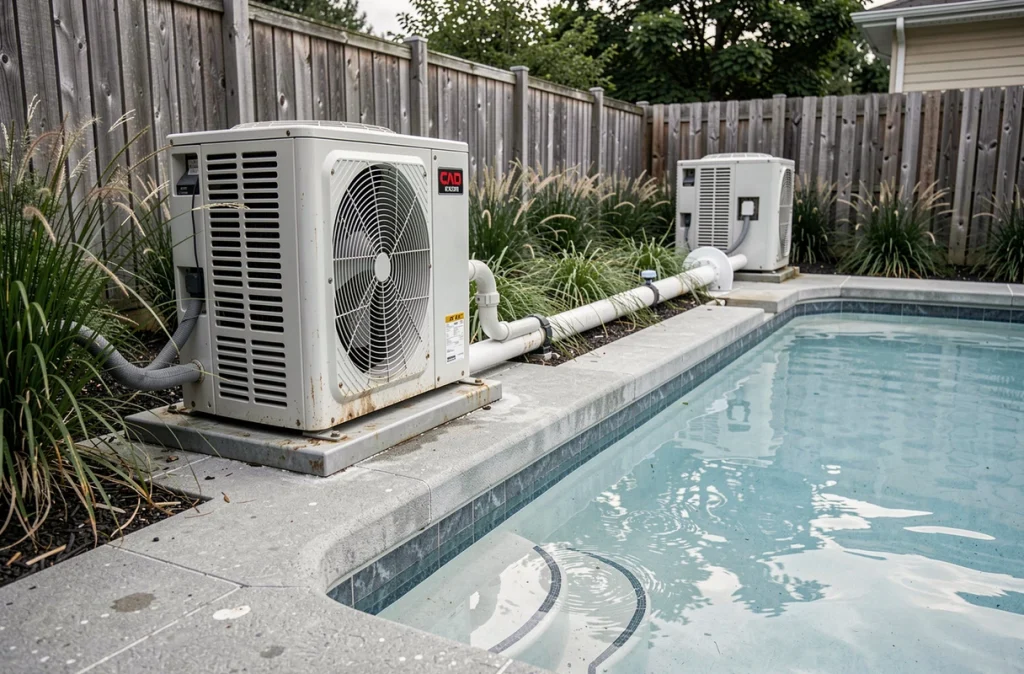 Pompe à chaleur installée au bord d'une piscine résidentielle pour prolonger la saison de baignade en automne