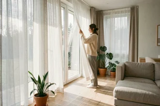 Femme ajustant des rideaux en lin dans un salon scandinave baigné de lumière naturelle, optimisation de la lumière du jour dans le séjour