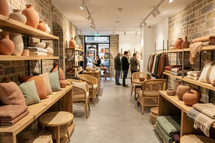 Intérieur d'un magasin de décoration tendance à Lyon avec des céramiques, du rotin et des textiles en tons naturels en 2026