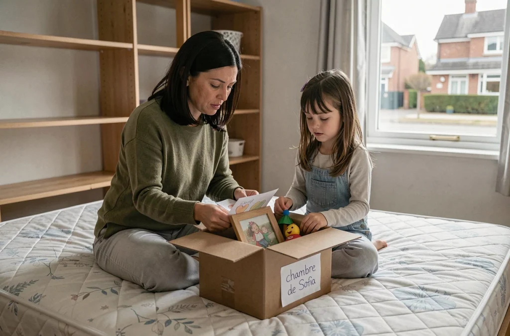 Mère et fille rangeant des souvenirs dans un carton étiqueté lors d'un déménagement