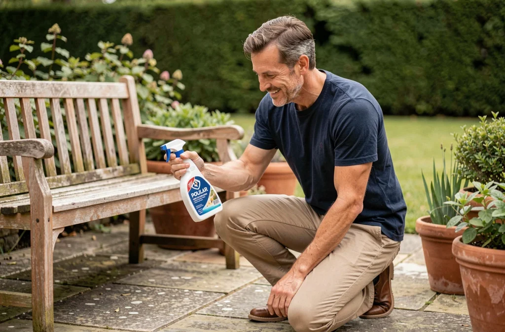 Homme inspectant un banc de jardin en teck nettoyé avec POLILAR sur une terrasse en pierre de style campagne française