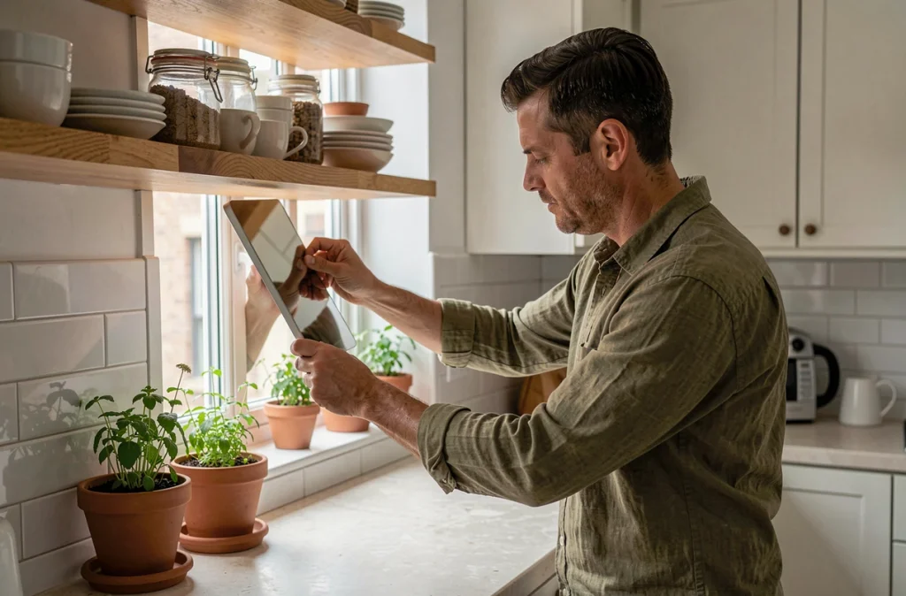Homme utilisant un miroir pour rediriger la lumière naturelle dans une cuisine urbaine compacte, astuce optimisation lumière du jour en intérieur