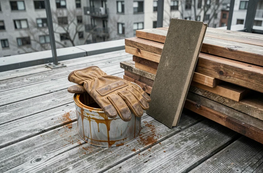 Outils d'entretien de terrasse en bois posés sur des lames de bois usées en hiver, gants et ponceuse